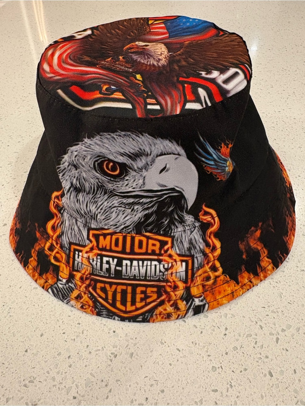 New Harley Davidson Bucket Hat Flaming Eagle USA Flag One Size Fits All